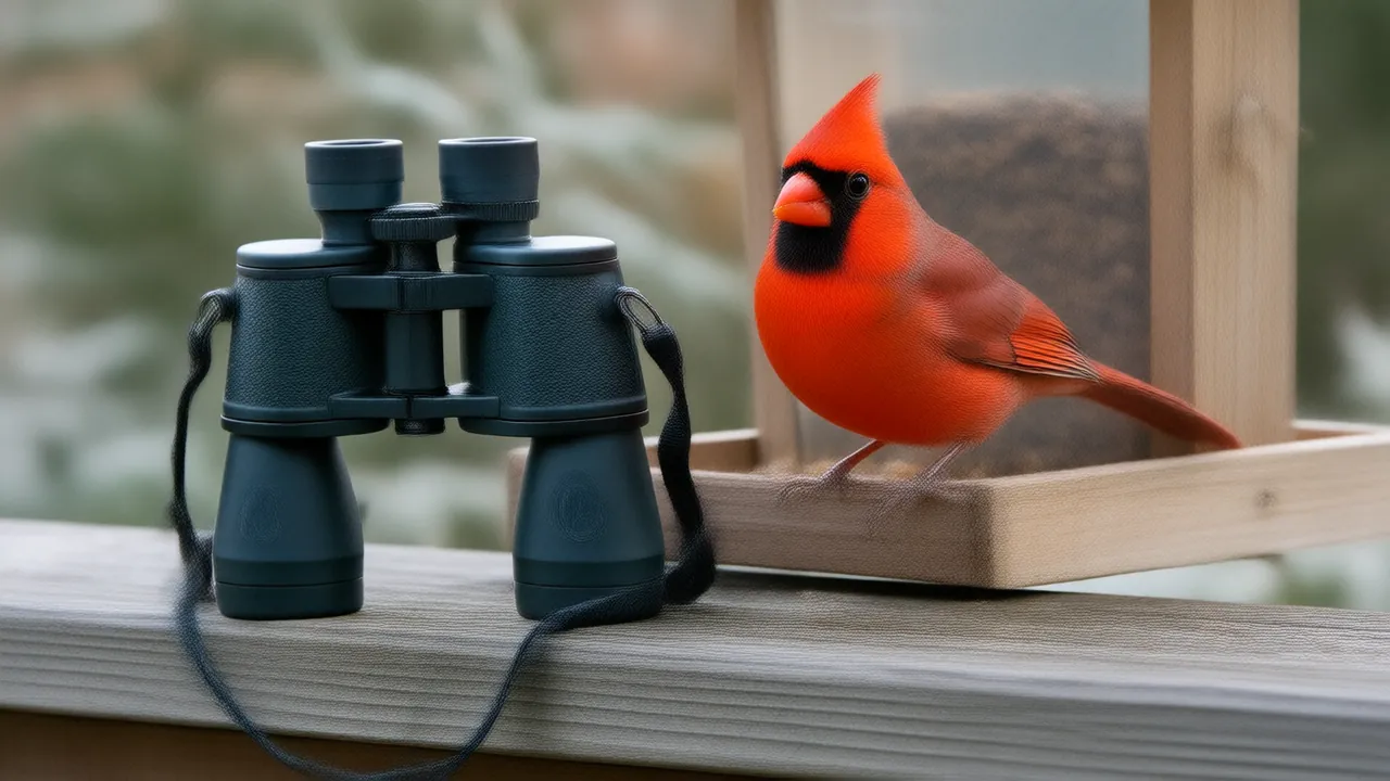 Illustration of binoculars on a deck railing with a male northern cardinal at a hopper feeder behind them