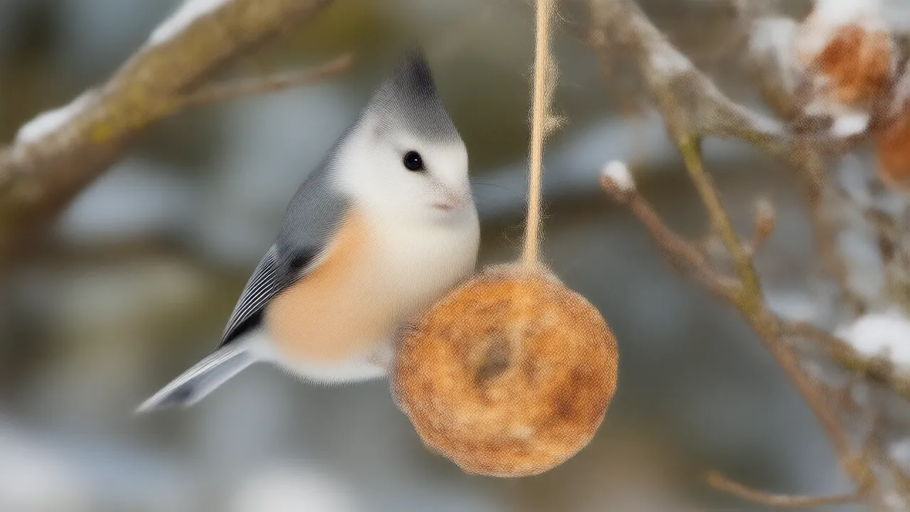 Illustration of a tufted titmouse eating from a homemade bird seed cake hanging on a snowy branch
