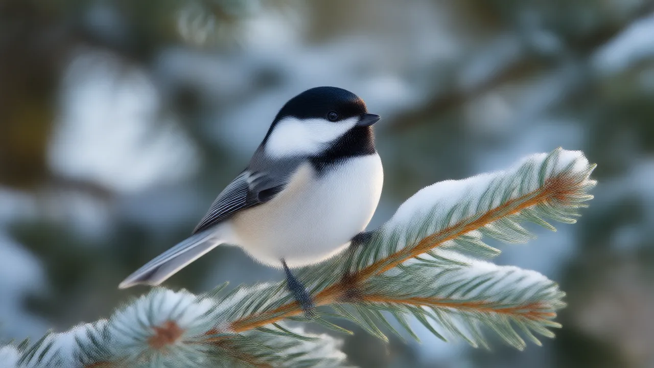 Illustration of a fluffed-up black-capped chickadee on a snowy spruce branch on a winter morning