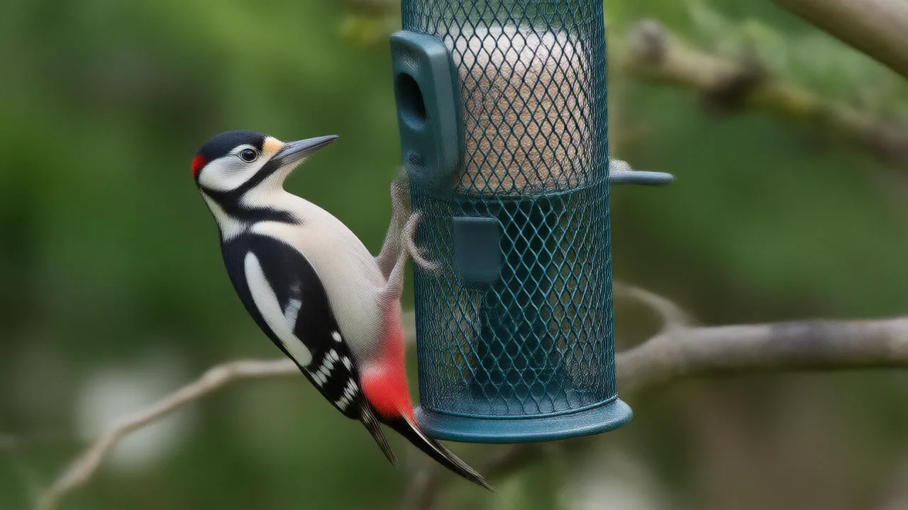 Illustration of a downy woodpecker on a suet feeder fitted with a small camera box in a spring garden
