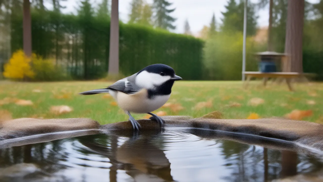 Illustration of a black-capped chickadee drinking at a bird bath at the edge of a wooded backyard in fall
