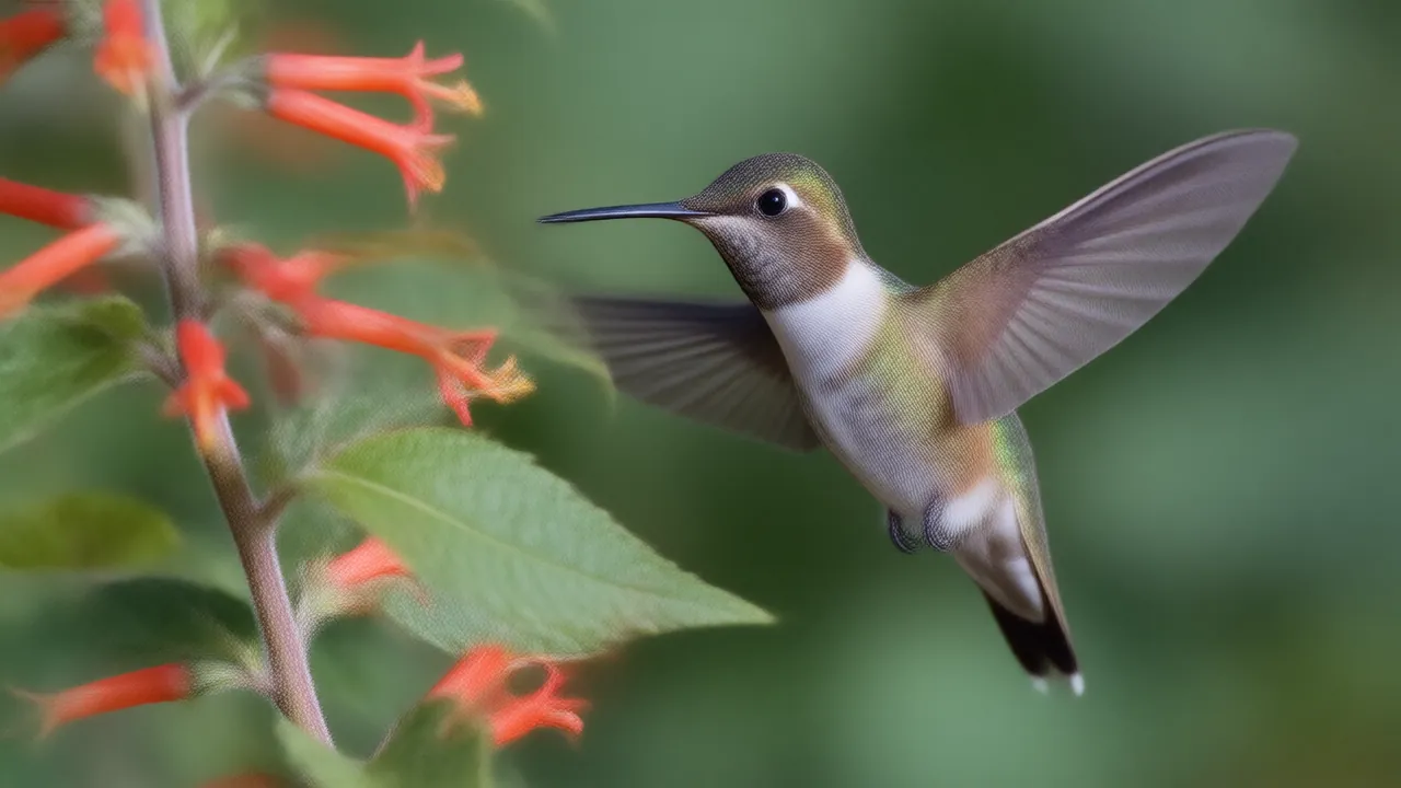 Illustration of a ruby-throated hummingbird hovering at red salvia flowers in late summer