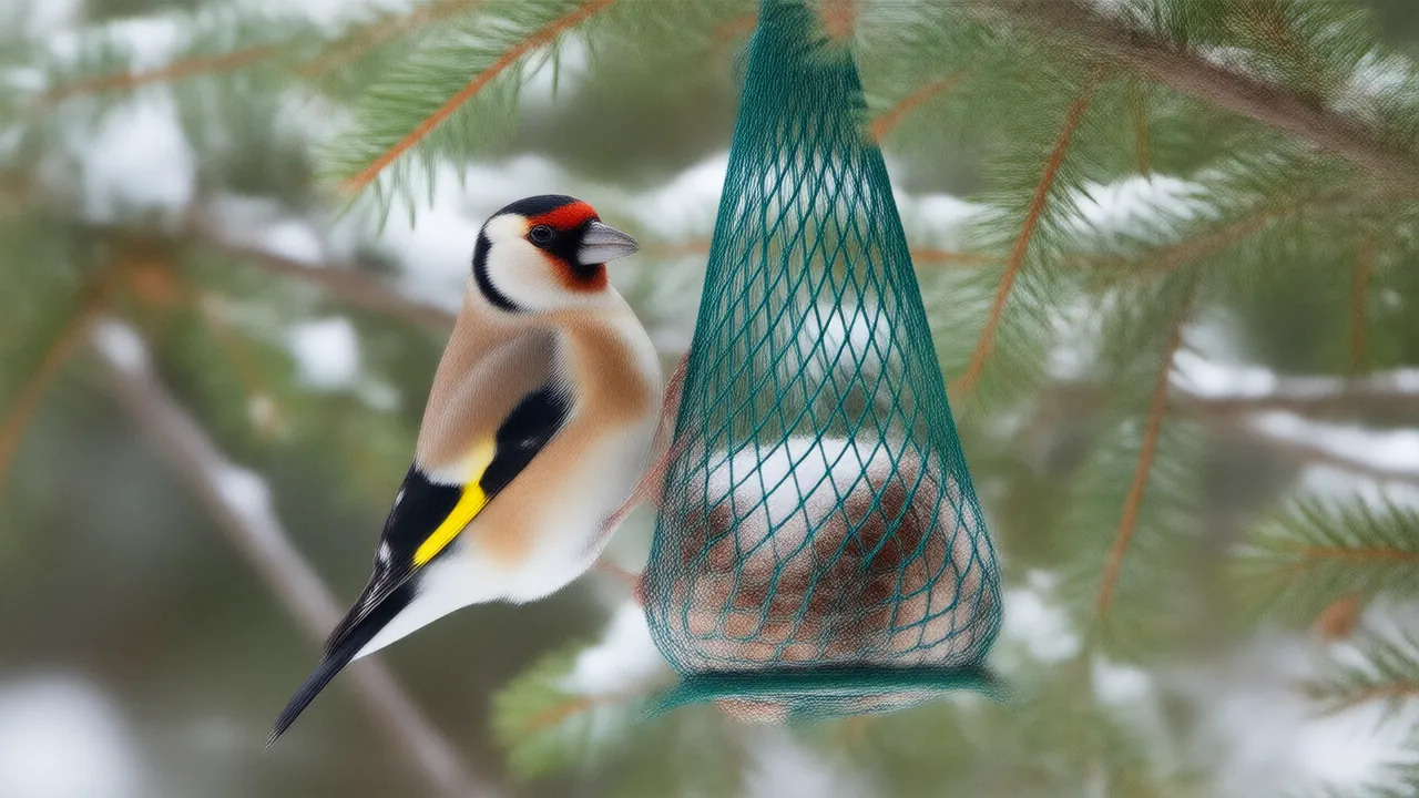 Illustration of a male American goldfinch in winter plumage on a mesh finch feeder in a snowy evergreen