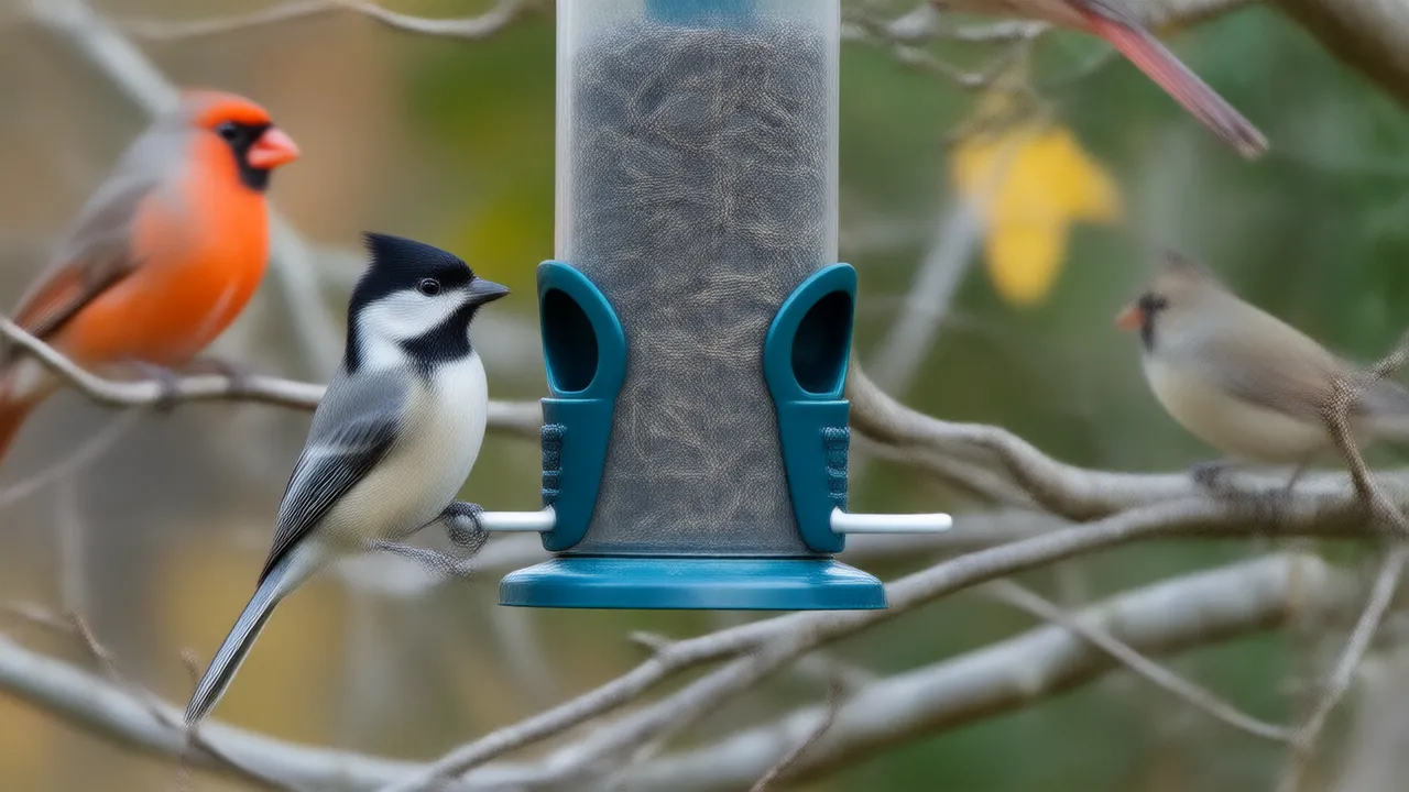 Illustration of a black-capped chickadee on a tube feeder full of sunflower hearts with a cardinal nearby