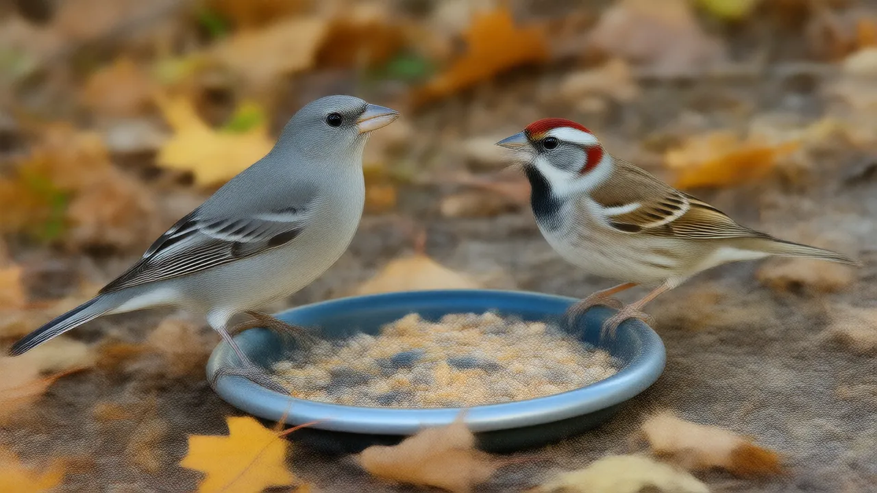 Illustration of a junco and a White-throated Sparrow feeding among fall leaves under a tube feeder
