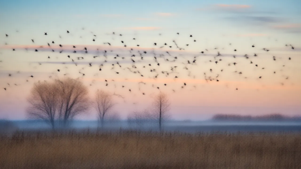 Illustration of a large starling murmuration swirling over a marsh at sunset in autumn