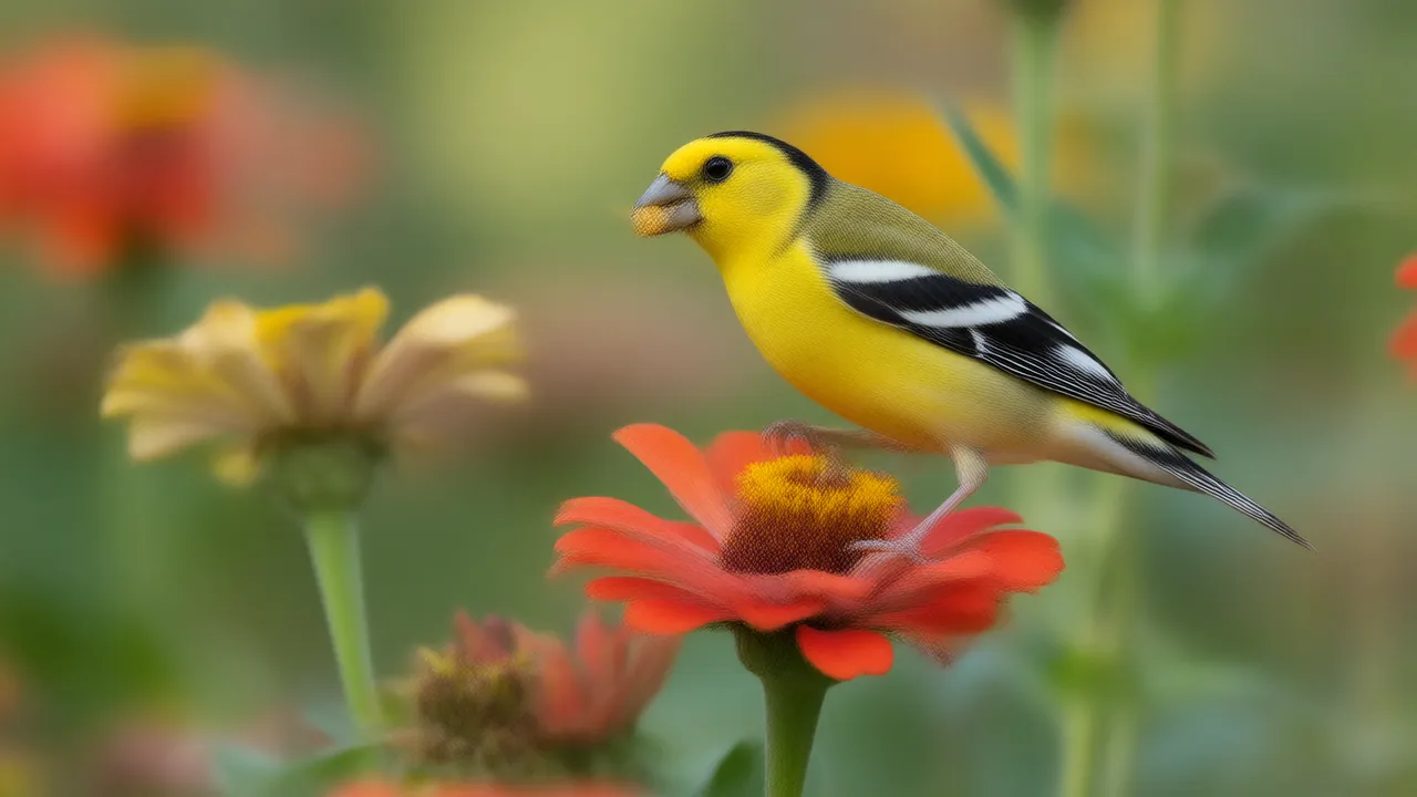 Illustration of a male American goldfinch pulling seeds from an orange zinnia in a late-summer garden