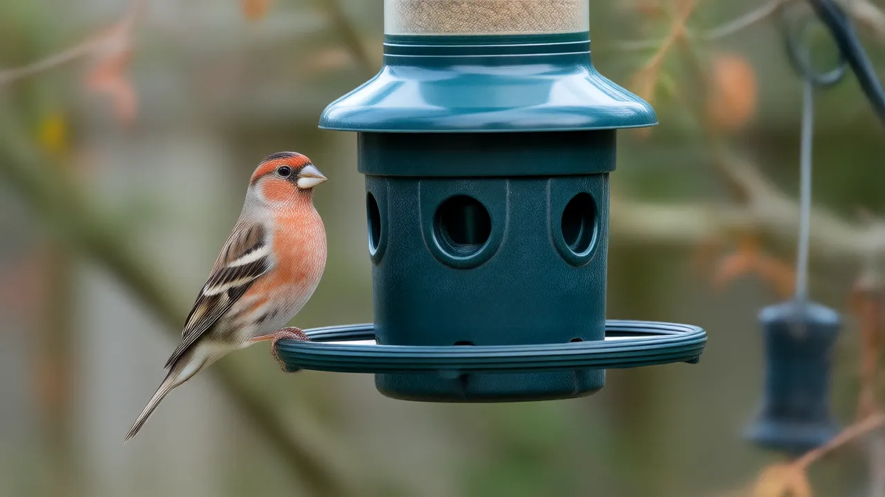 Illustration of a house finch on a garden bird feeder with a small camera box