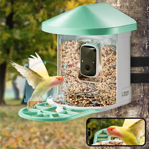 Solar bird feeder camera with a bird landing on the perch